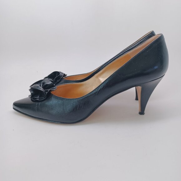 Morgan Taylor Heels Black Leather Rosette Point Toe Classic Vintage Womens 8.5 - Picture 2 of 16